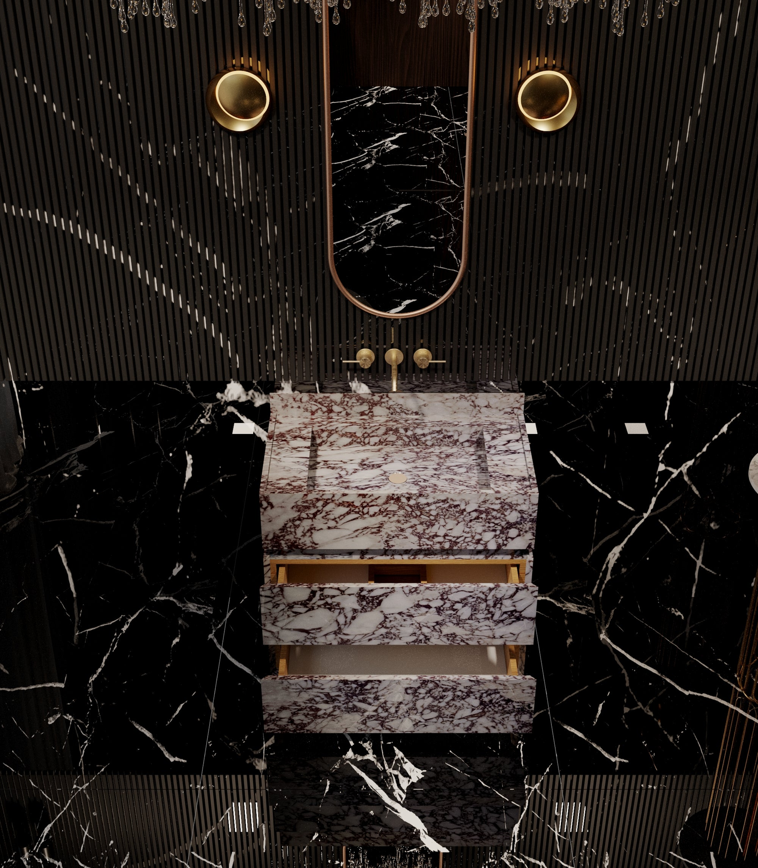 Calacatta Viola Marble Vanity. Crafted to perfection, this freestanding marble vanity design seamlessly integrates luxury and functionality. From its marble top to its soft-close marble drawers, every detail exudes opulence and sophistication.