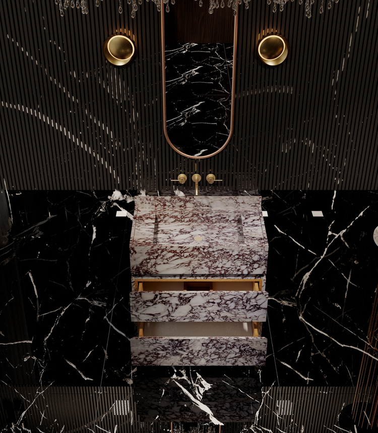 Calacatta Viola Marble Vanity. Crafted to perfection, this freestanding marble vanity design seamlessly integrates luxury and functionality. From its marble top to its soft-close marble drawers, every detail exudes opulence and sophistication.