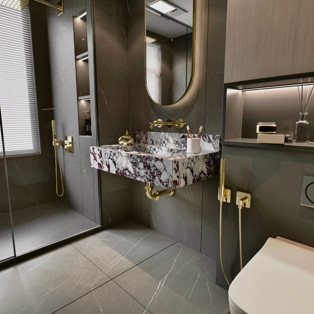 Modern Wall Mount Faucet, Marble Sink, Calacatta Viola Washbasin