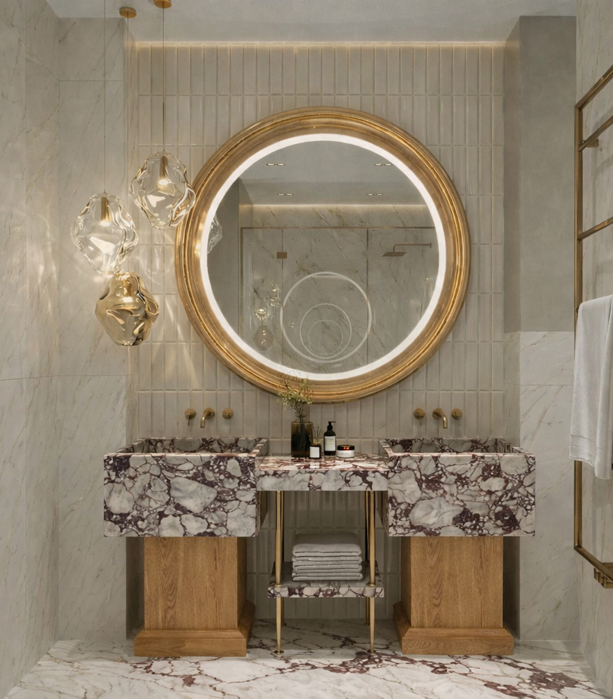 Green Marble Double Sink Vanity, Custom Oak Millwork