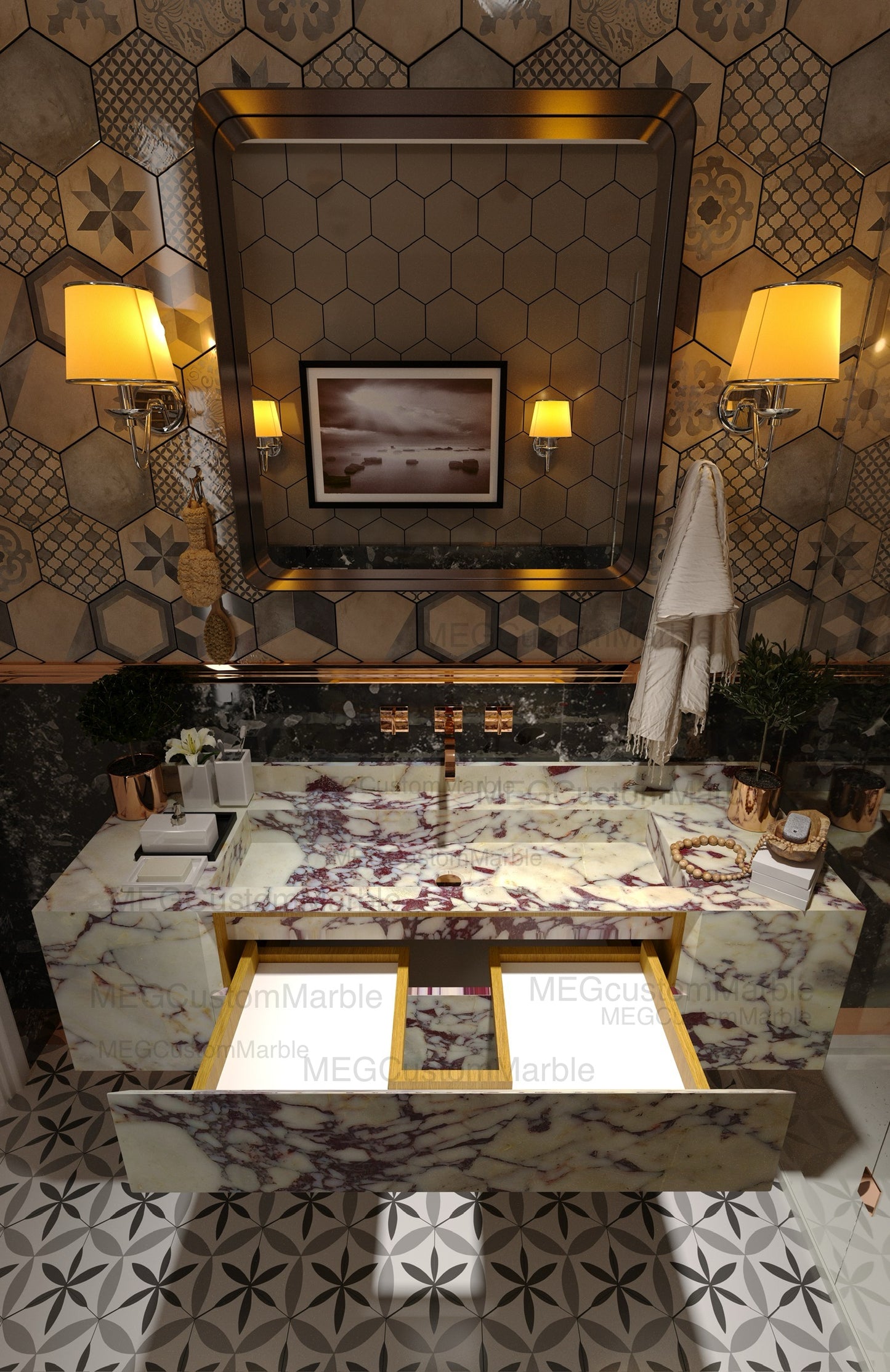 Calacatta Viola Marble Bathroom Vanity with Marble Drawers