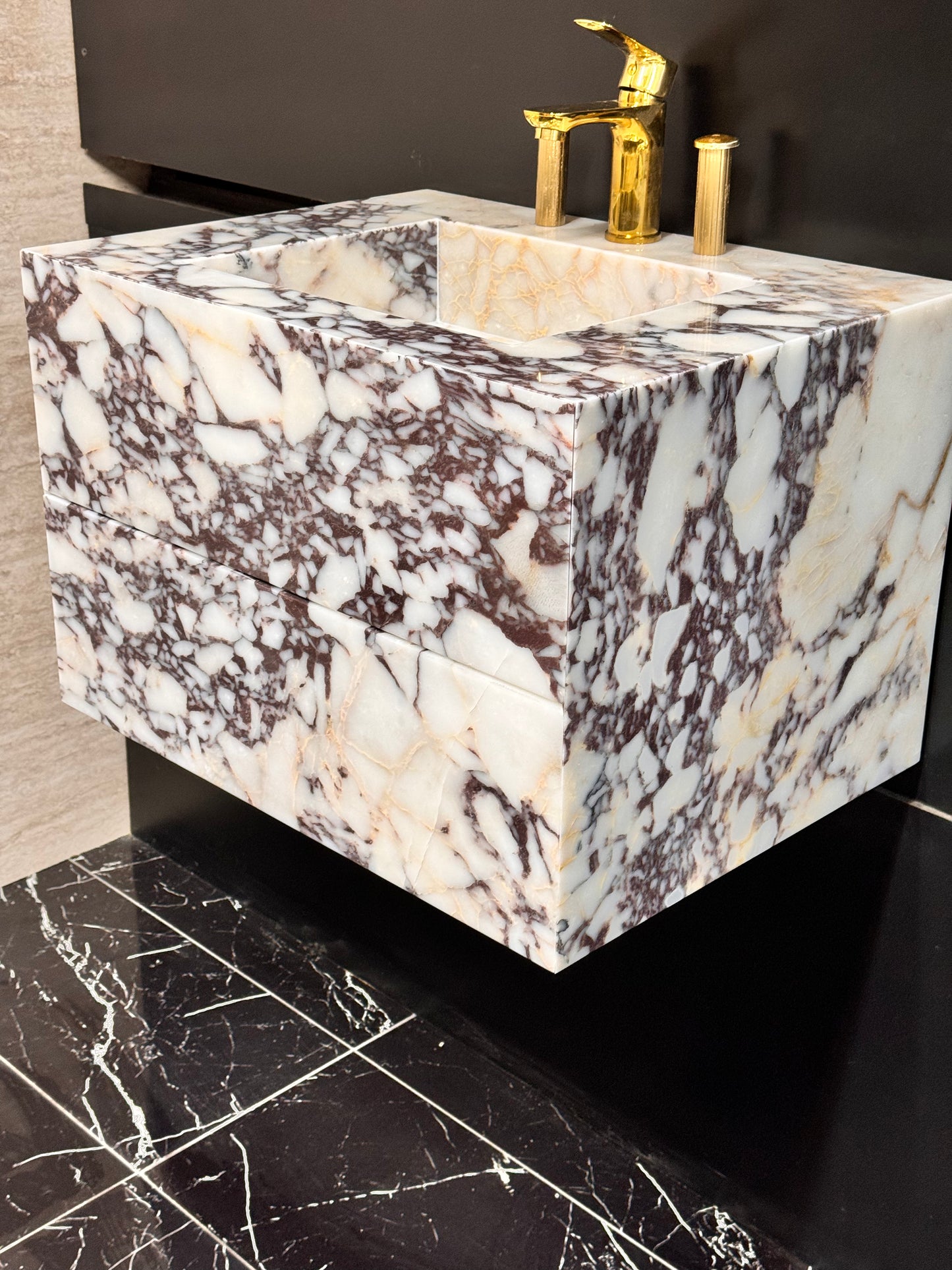 Floating wall-mounted design Calacatta Viola Sink Cabinet Vanity