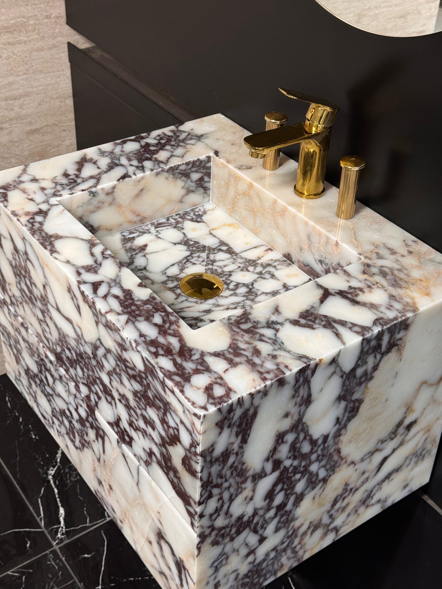 Floating wall-mounted design Calacatta Viola Sink Cabinet Vanity