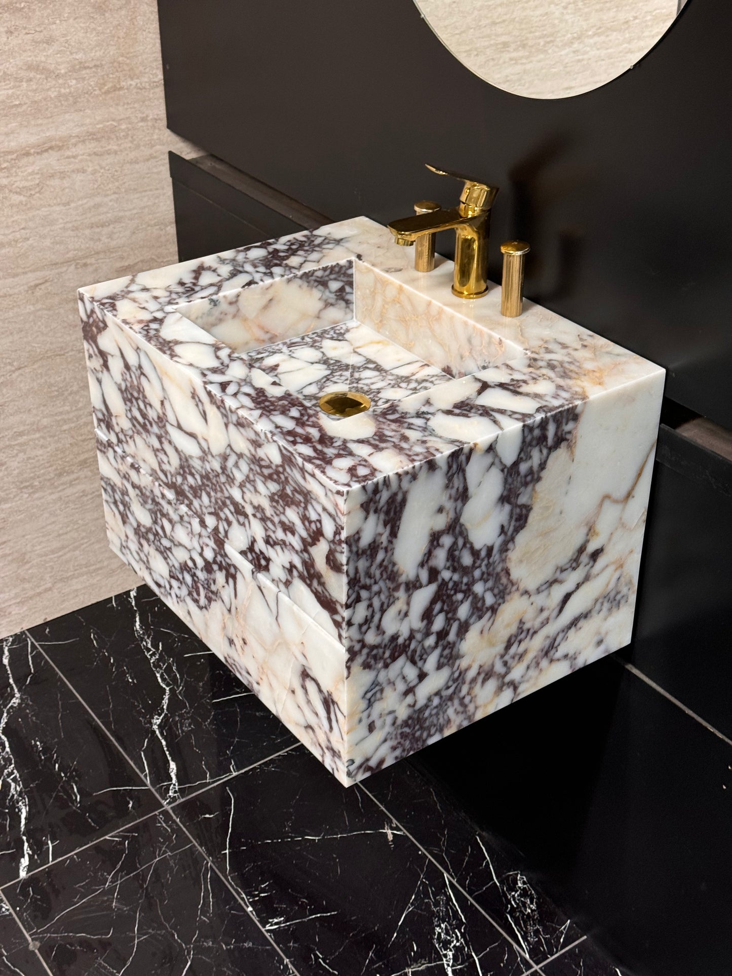 Floating wall-mounted design Calacatta Viola Sink Cabinet Vanity