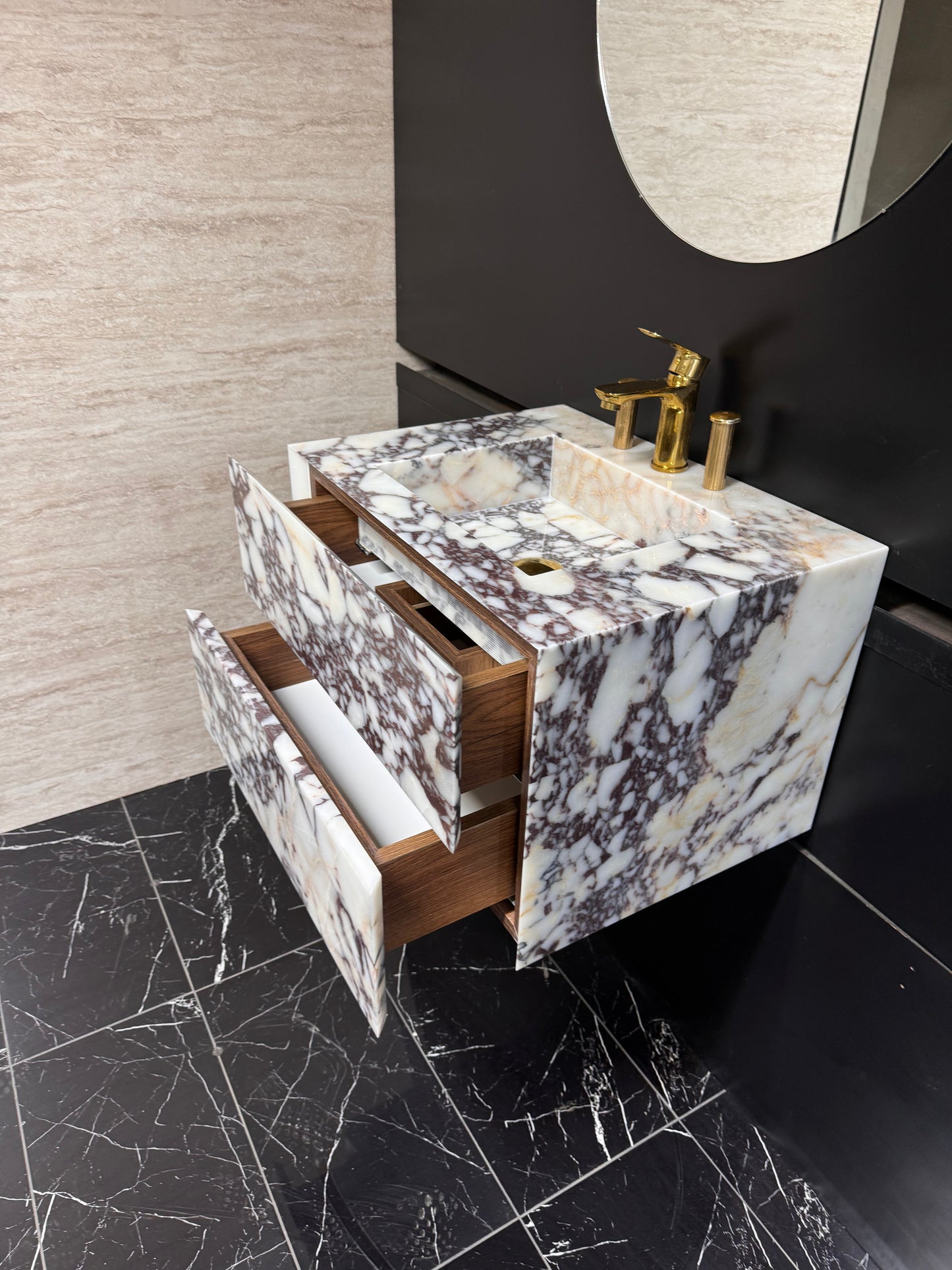 Floating wall-mounted design Calacatta Viola Sink Cabinet Vanity