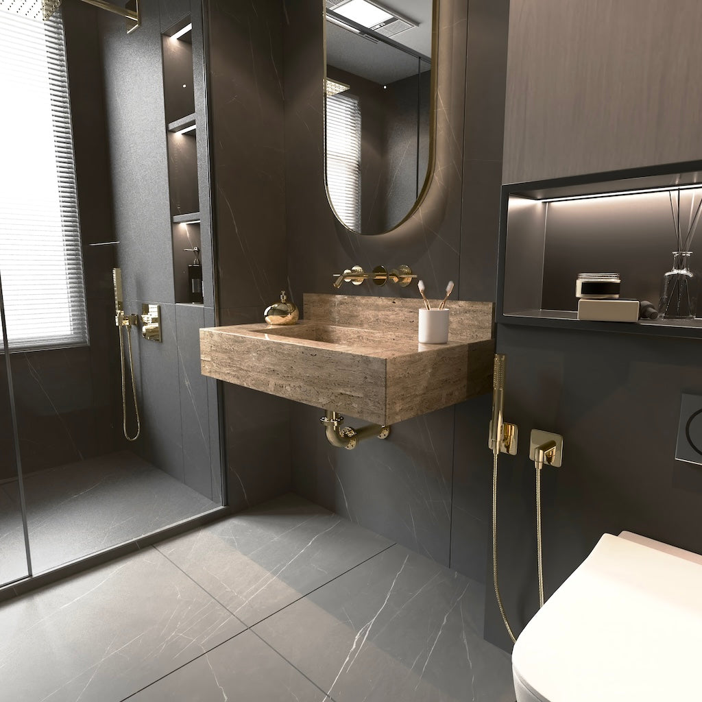 Bathroom Travertine Stone Sink, Wall Mount Washbasin