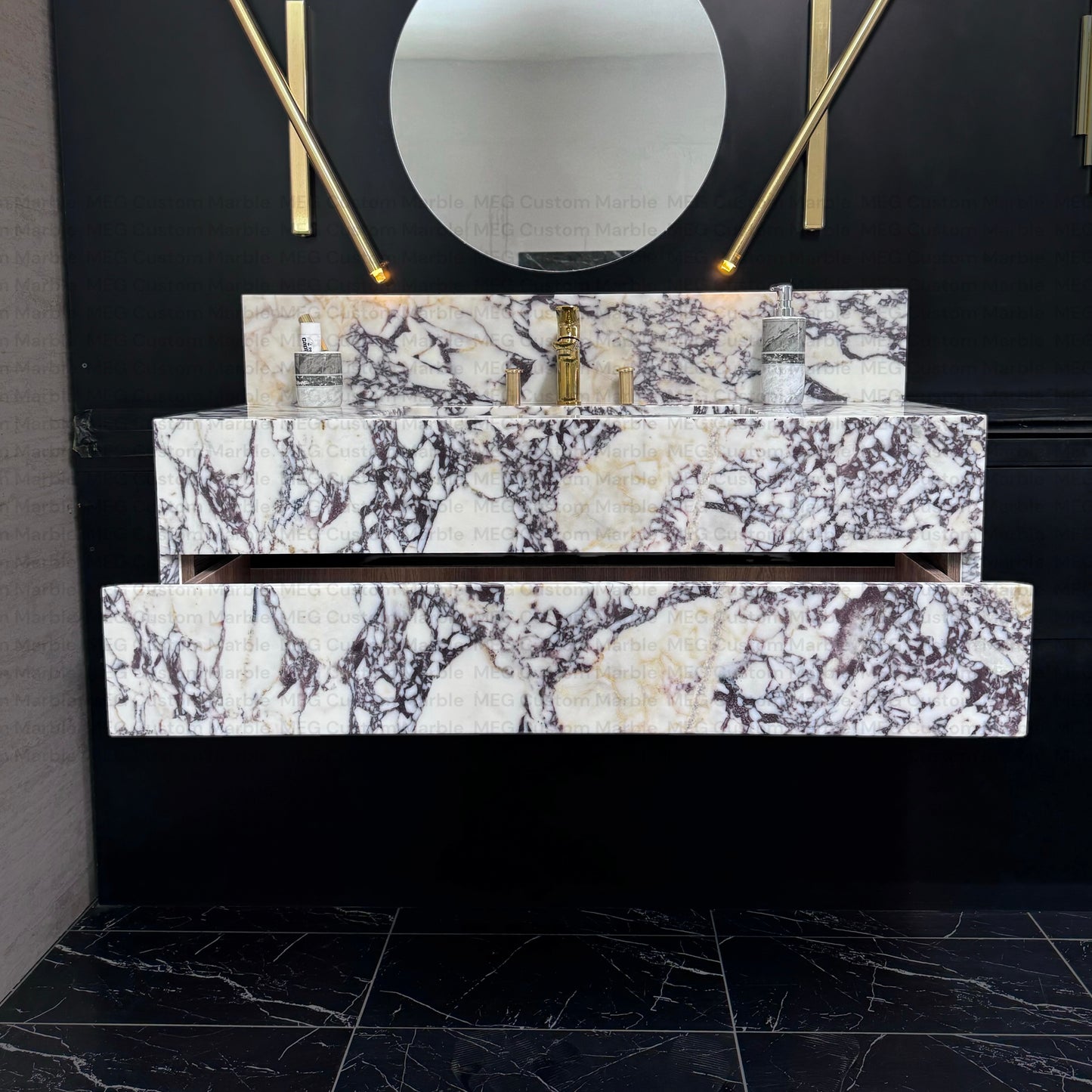 Floating Marble Vanity Sink Calacatta Marble, Powder Room Vanity with two Marble drawer