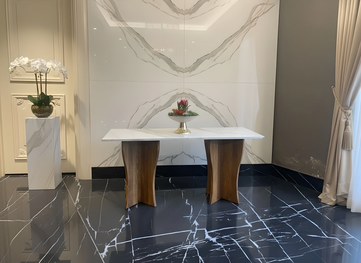 White Marble Console Table with Solid Wood Legs – Modern Entryway Design