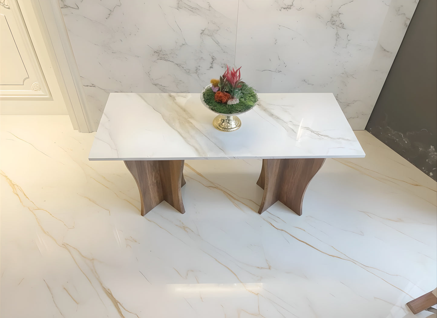 White Marble Console Table with Solid Wood Legs – Modern Entryway Design