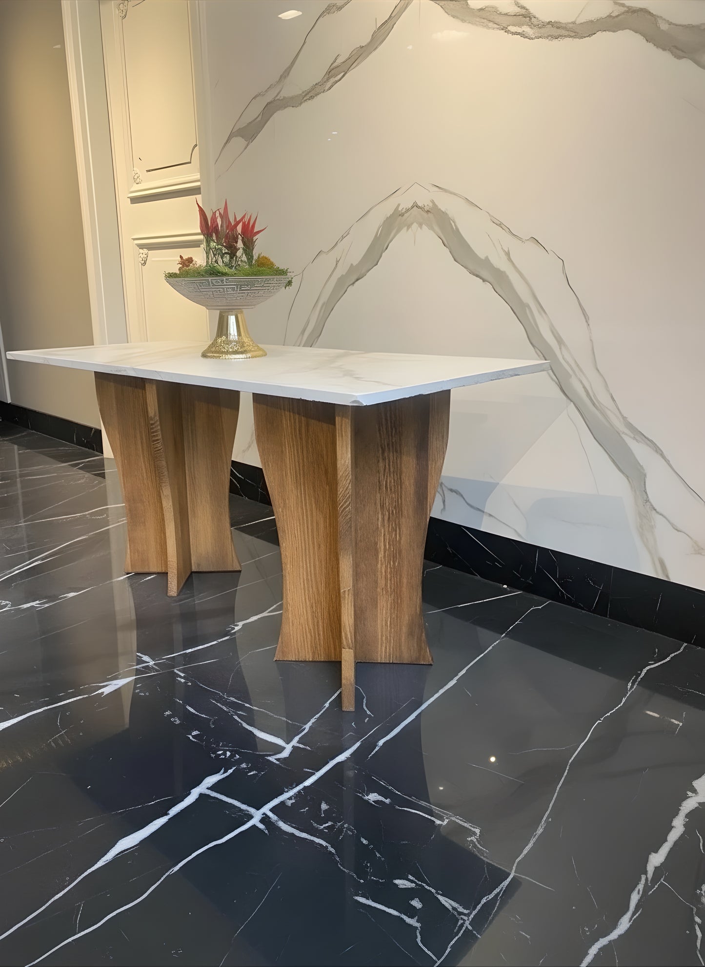 White Marble Console Table with Solid Wood Legs – Modern Entryway Design