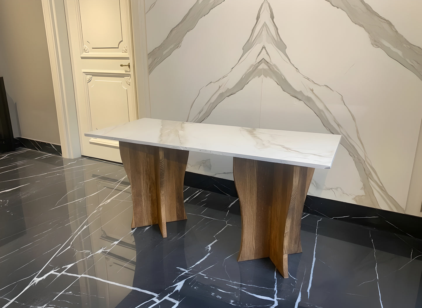 White Marble Console Table with Solid Wood Legs – Modern Entryway Design