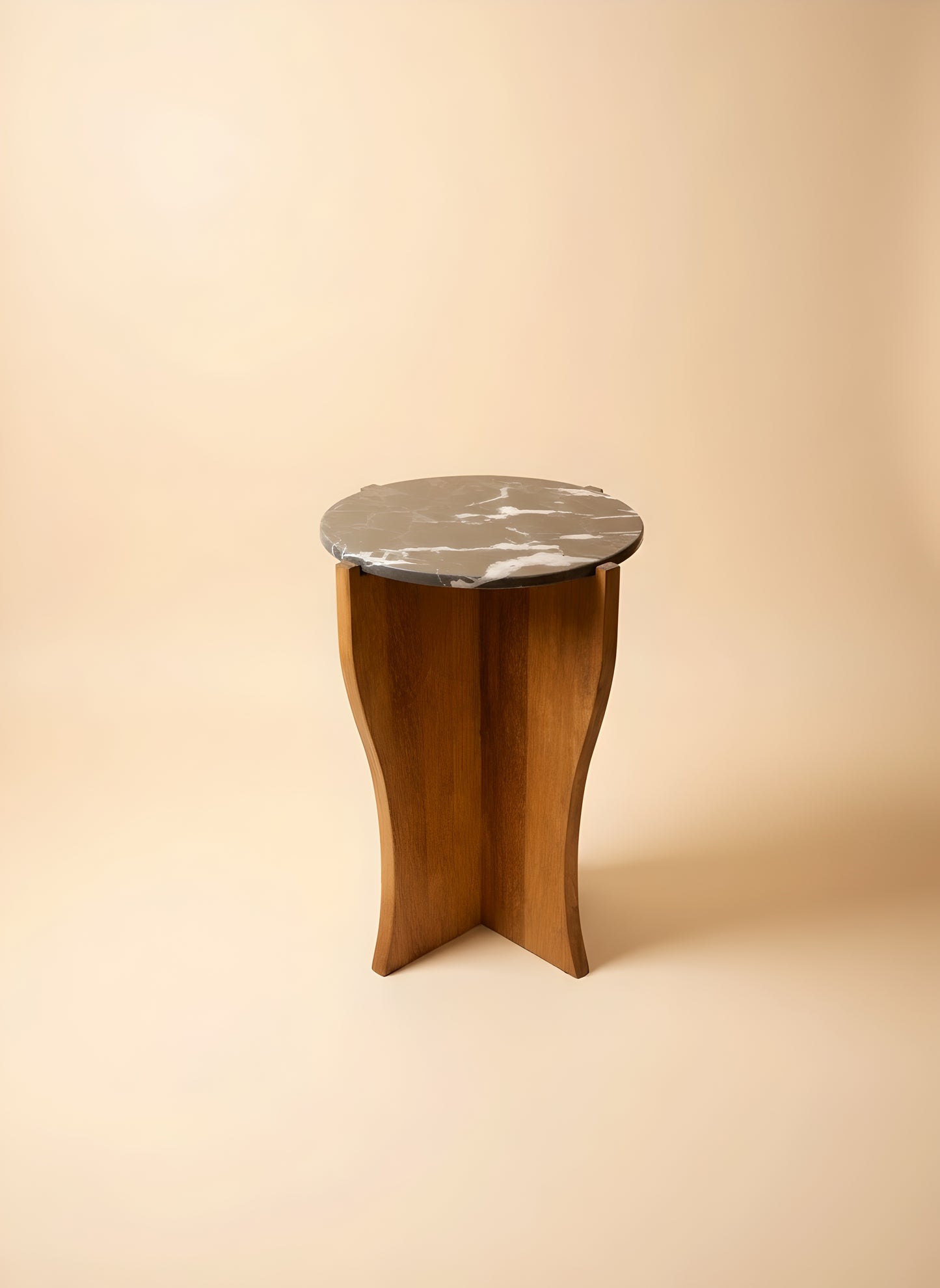 Nero Marquina Marble & Walnut Sculptural Side Table – Modern Handmade Accent Table for Living Room