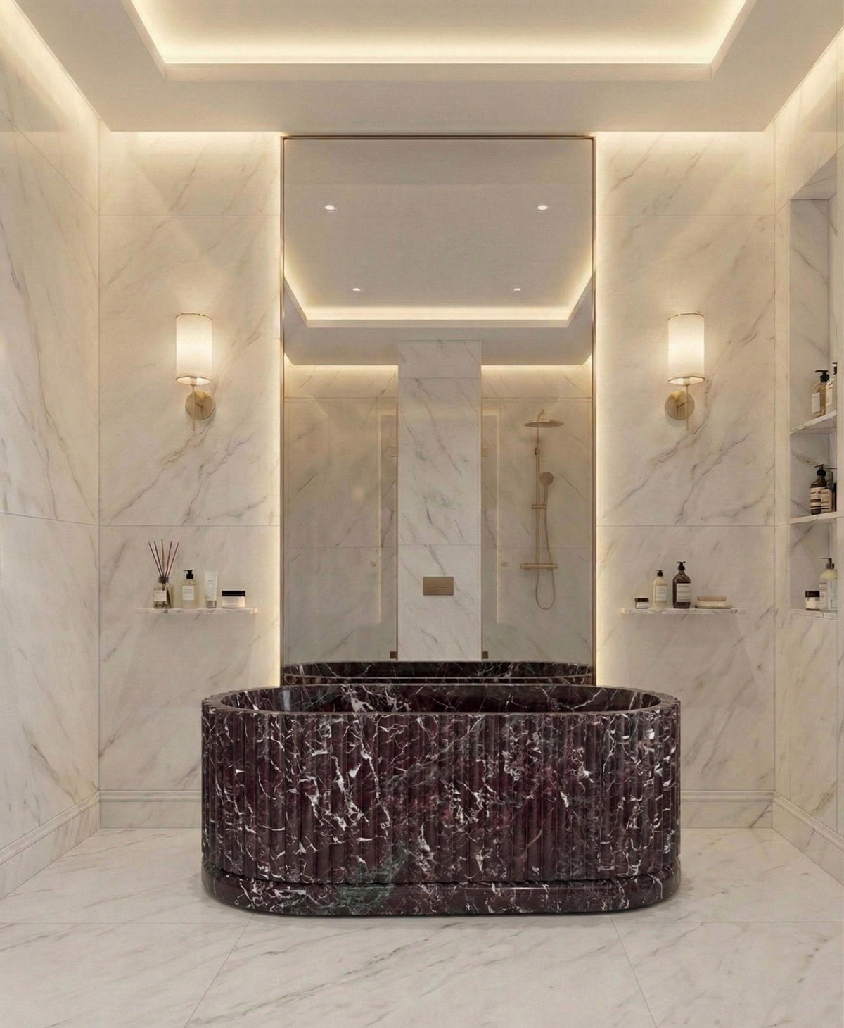Rosso Levanto fluted burgundy marble freestanding bathtub – view 5