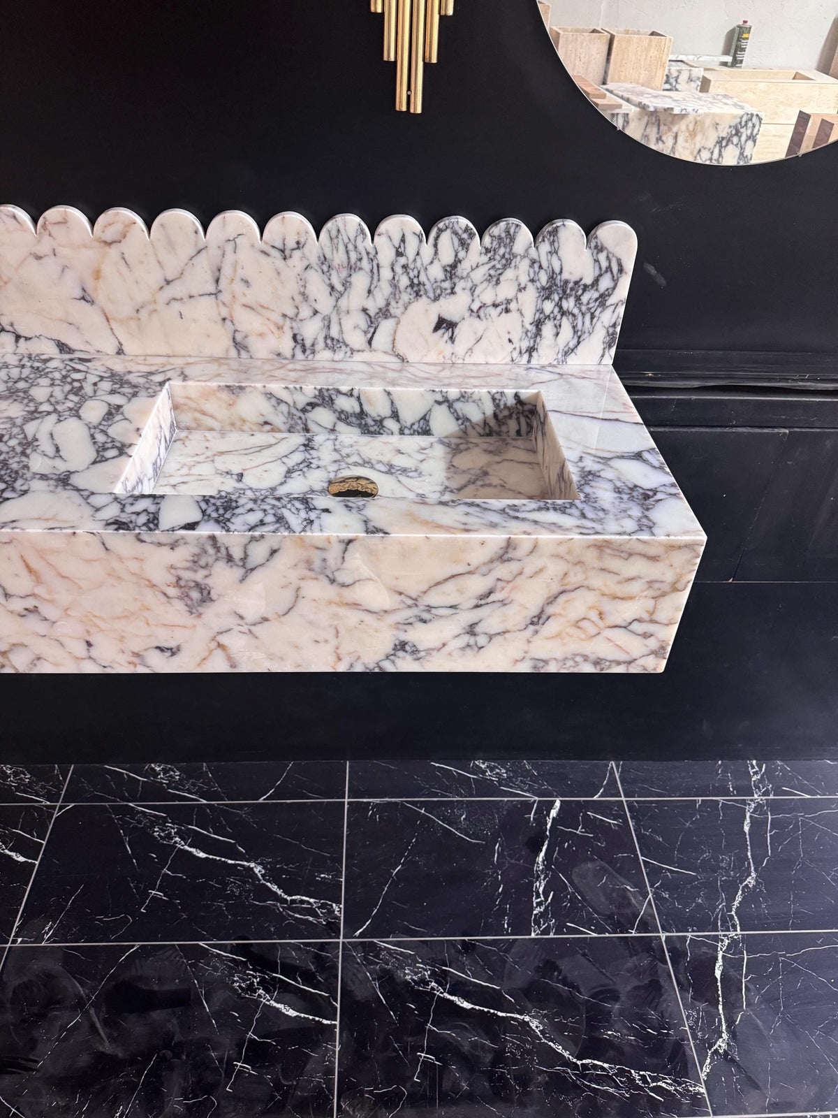 Custom Calacatta Viola Double Basin Vanity, Wall Mounted Sink with Scalloped Backsplash