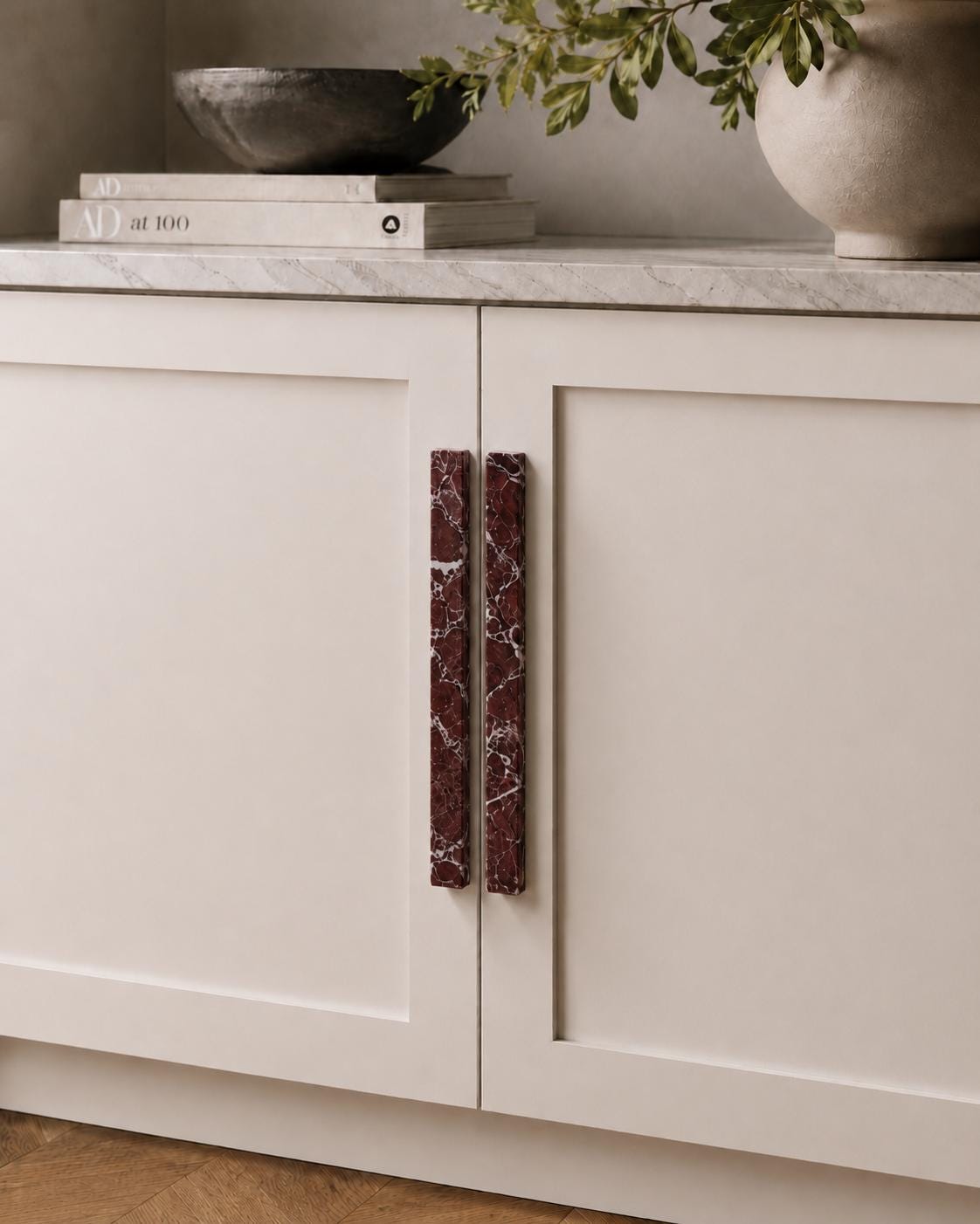 Long Rosso Levanto Marble Cabinet Pulls — Genuine Stone Bar Handles for Kitchen & Bathroom
