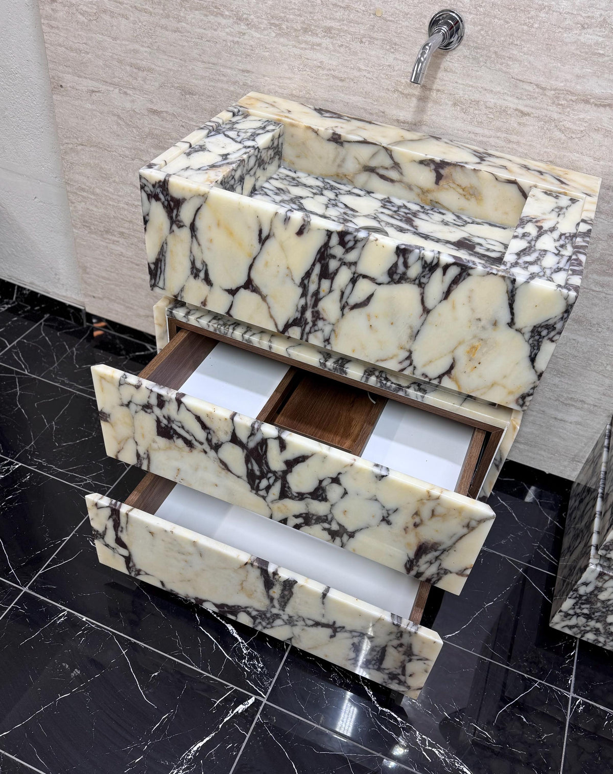 Custom Marble Vanity Sink with Drawers, Calacatta Arabescato Viola Stone