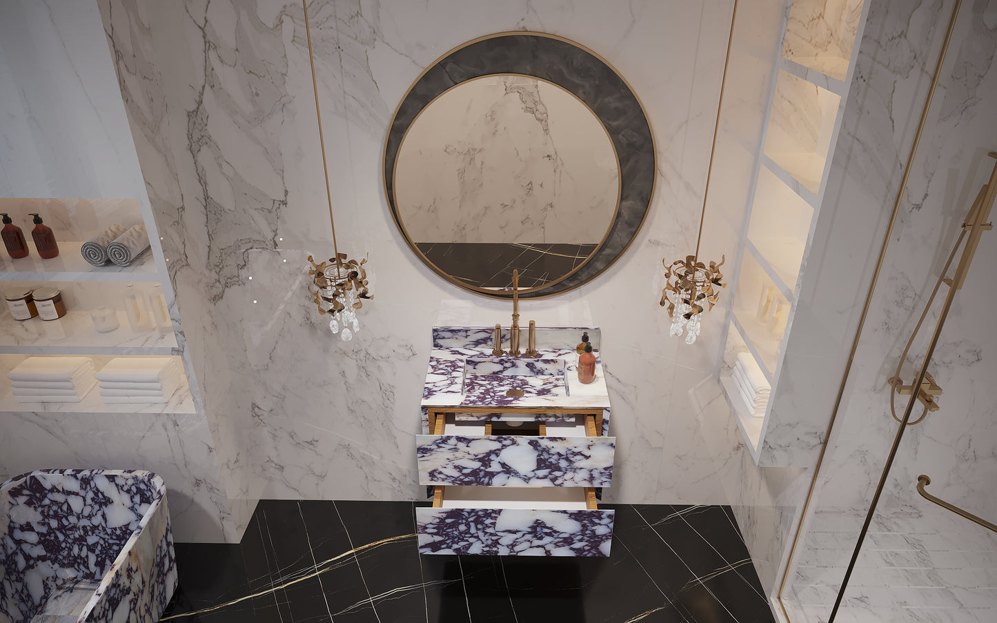 Calacatta Marble Vanity Sink, Functional Marble Drawers