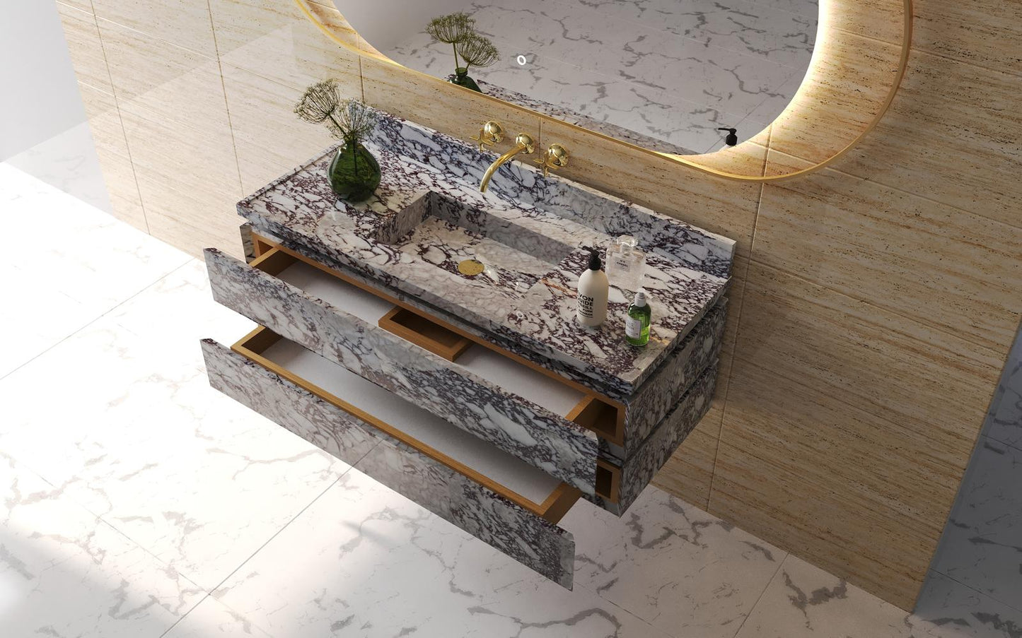 Wall Mount Calacatta Viola Marble Vanity Unit with Marble Drawers and Integrated Sink