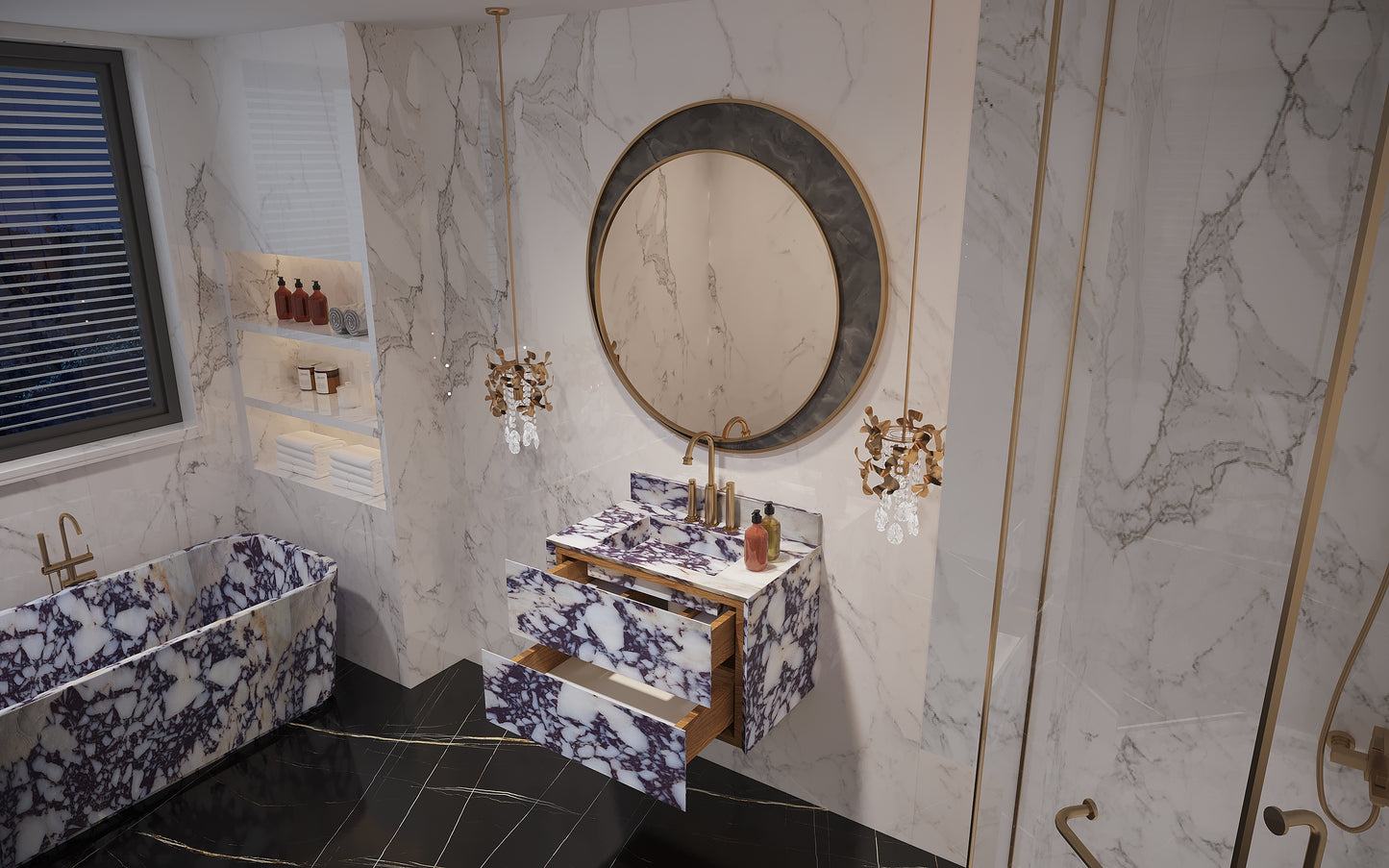 Calacatta Marble Vanity Sink, Functional Marble Drawers