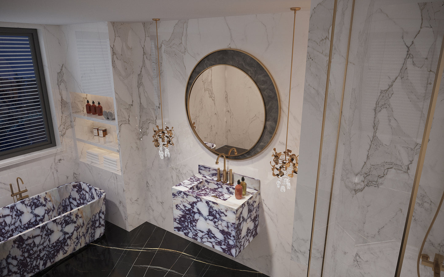 Calacatta Marble Vanity Sink, Functional Marble Drawers