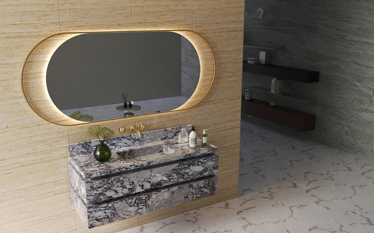 Wall Mount Calacatta Viola Marble Vanity Unit with Marble Drawers and Integrated Sink