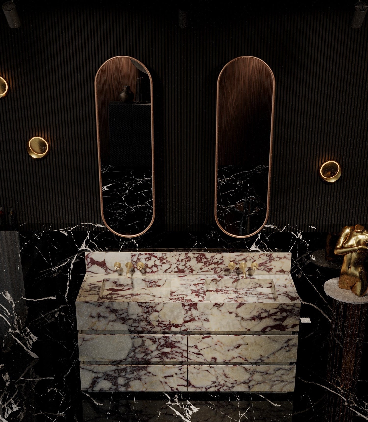 Natural stone inspired A modern Bathroom look that combines luxury Calacatta Viola Stone Vanity Unit designed with Double basin and Functional marble veneer drawers , soft closing system