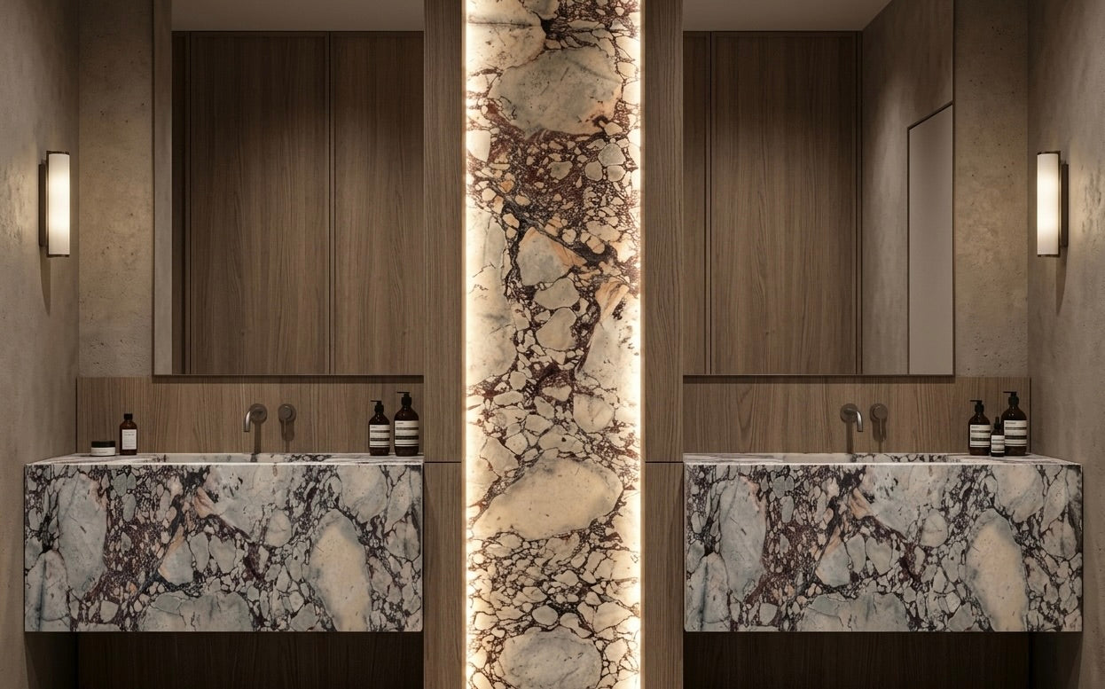 Backlit Marble Feature Wall with Double Stone Basins, Luxury Bathroom Vanity, Designer Hotel Style Sink