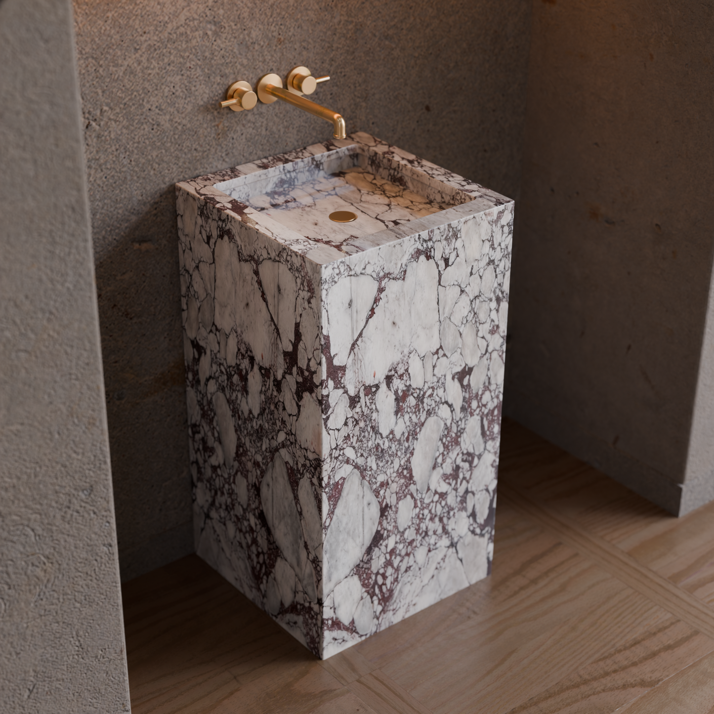 Calacatta Viola Marble Pedestal Sink – Solid Stone Freestanding Bathroom Vanity, Luxury Modern Basin