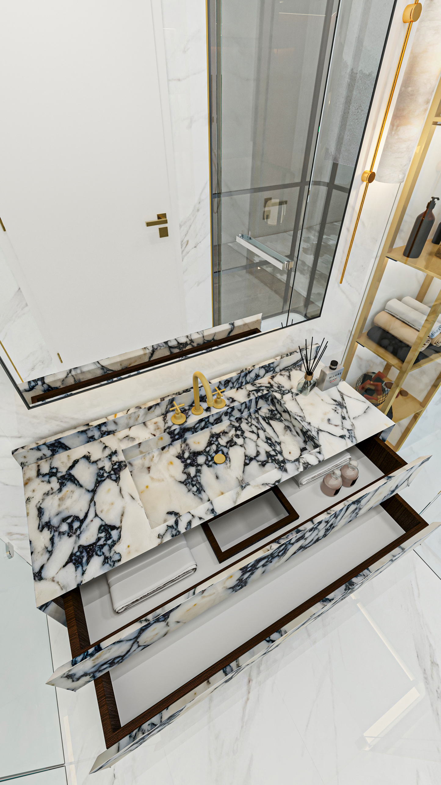 Floating Marble Vanity Sink Calacatta Marble, Powder Room Vanity with two Marble drawer