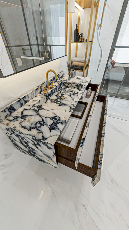 Floating Marble Vanity Sink Calacatta Marble, Powder Room Vanity with two Marble drawer