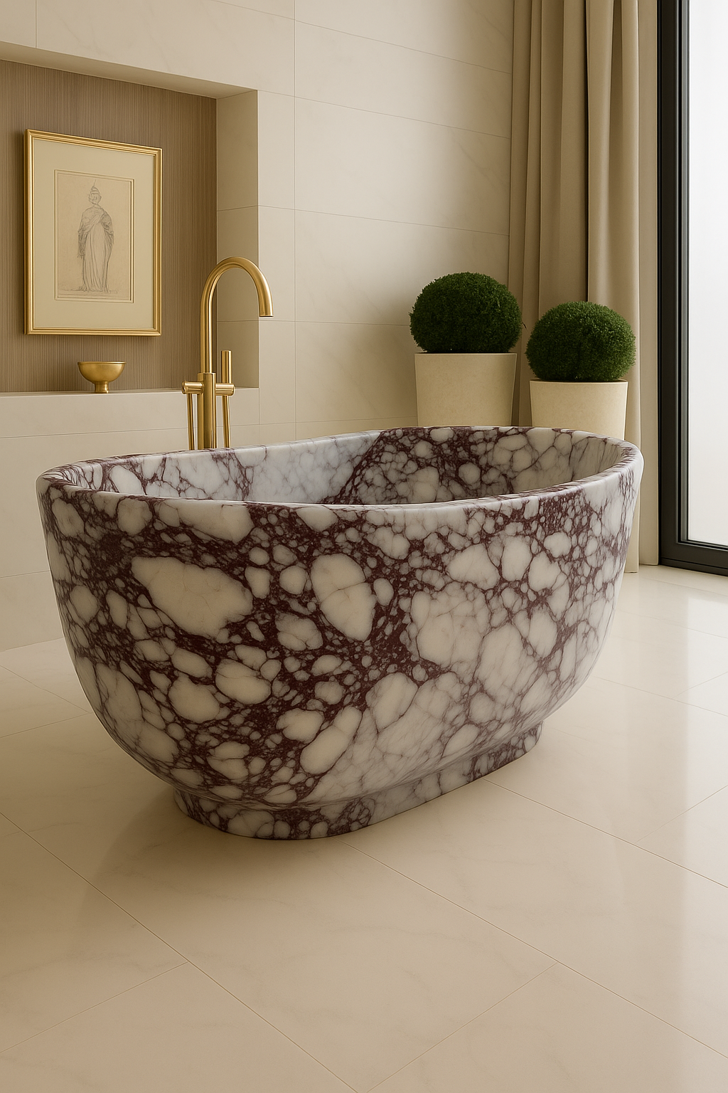 Calacatta Viola Marble Freestanding Bathtub – Luxury Italian Stone Tub with Gold Faucet
