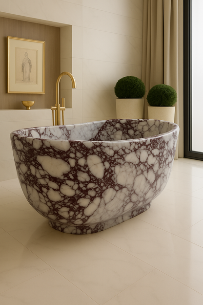 Calacatta Viola Marble Freestanding Bathtub – Luxury Italian Stone Tub with Gold Faucet