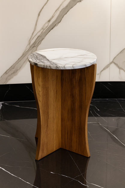 Handmade Calacatta Marble & Walnut Sculptural Side Table