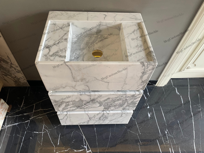 Carrara White Marble Bathroom on Floor Vanity Unit with marle drawers