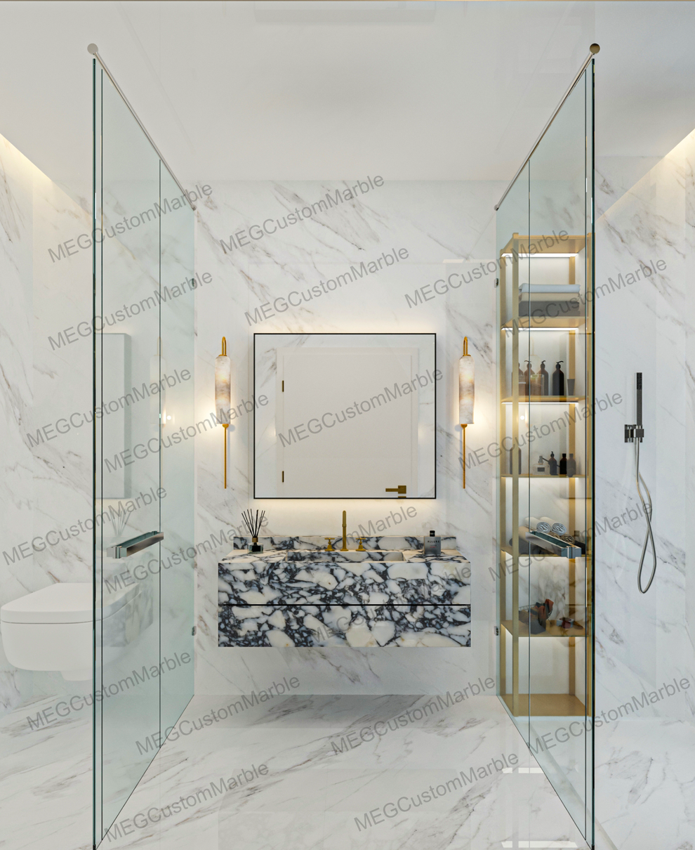 Floating Marble Vanity Sink Calacatta Marble, Powder Room Vanity with – MEG Custom Marble By ...