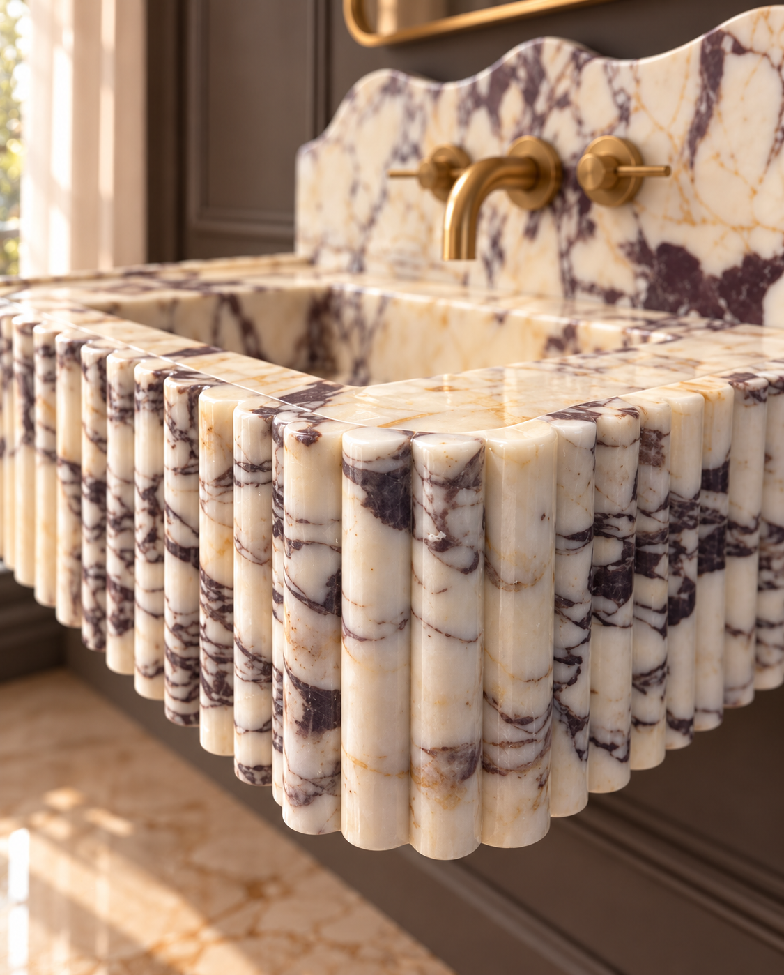 Arabescato Viola marble washbasin, close-up of basin
