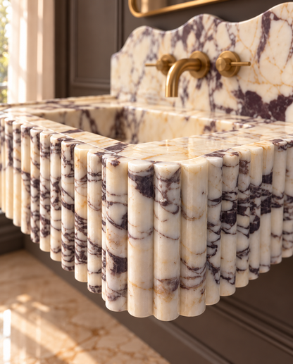 Arabescato Viola marble washbasin, close-up of basin