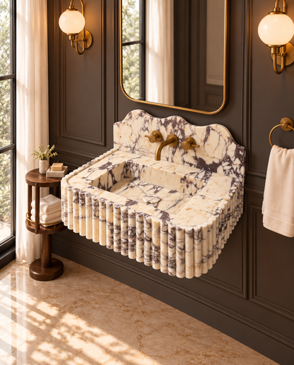Arabescato Viola marble sink with brushed brass wall faucet