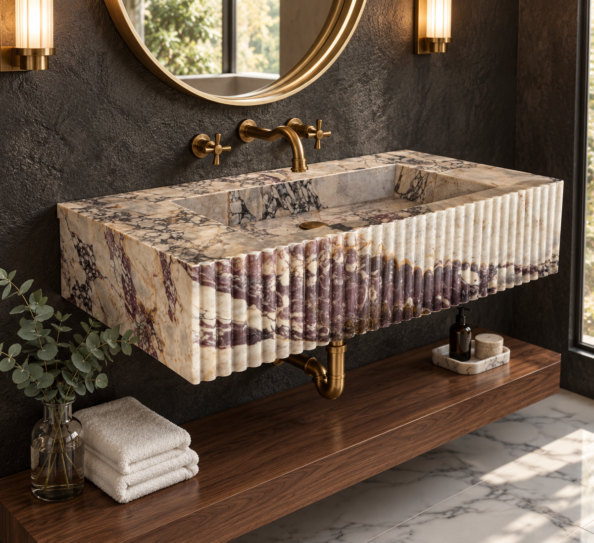 Calacatta Viola reeded marble sink, front detail
