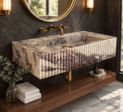 Calacatta Viola reeded marble sink, front detail