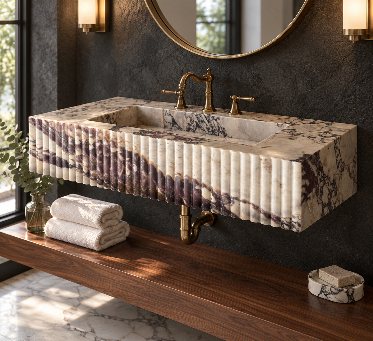 Calacatta Viola fluted stone washbasin in a dark powder room