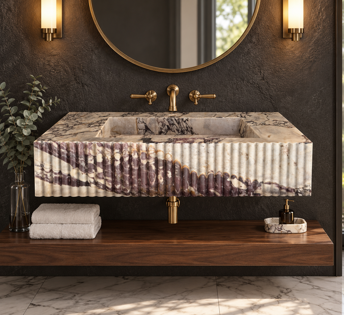 Calacatta Viola fluted marble wall-mounted sink, 36 inch, with brass wall faucet