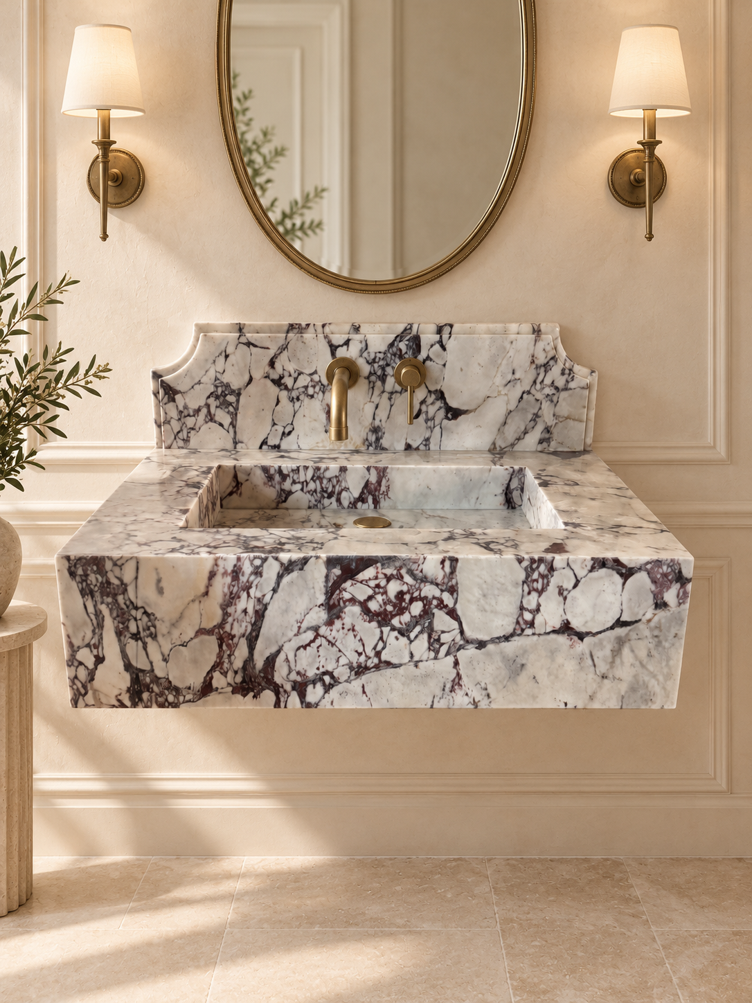 40 inch Calacatta Viola floating marble sink with backsplash in a modern bathroom