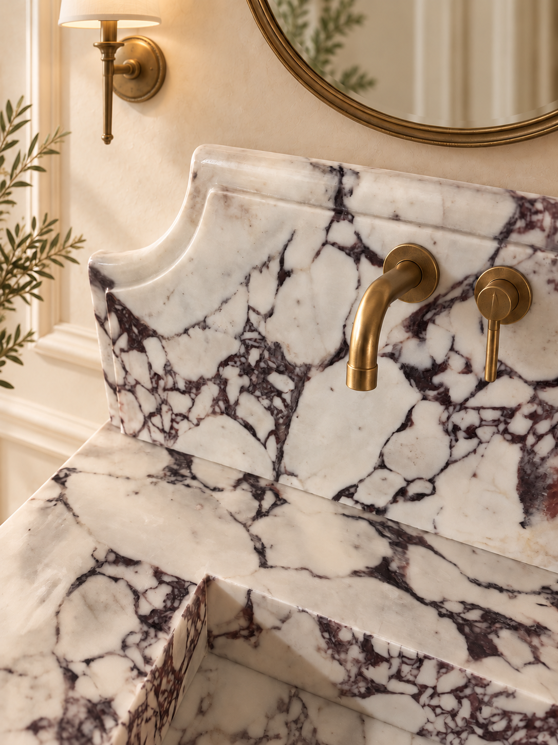 Wall-hung Calacatta Viola marble sink with backsplash for powder room