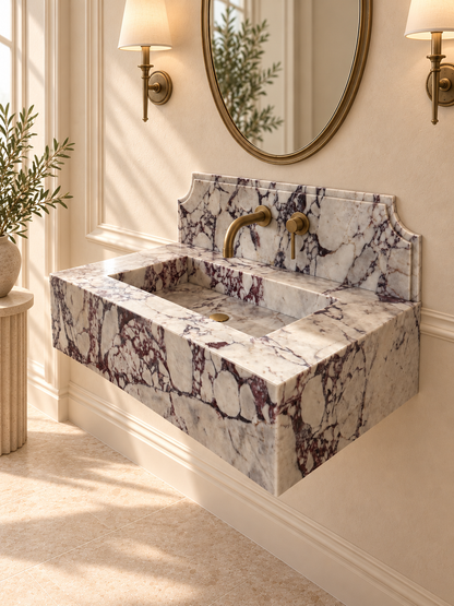 Calacatta Viola marble wall-mounted bathroom sink with integrated backsplash, 40 inch