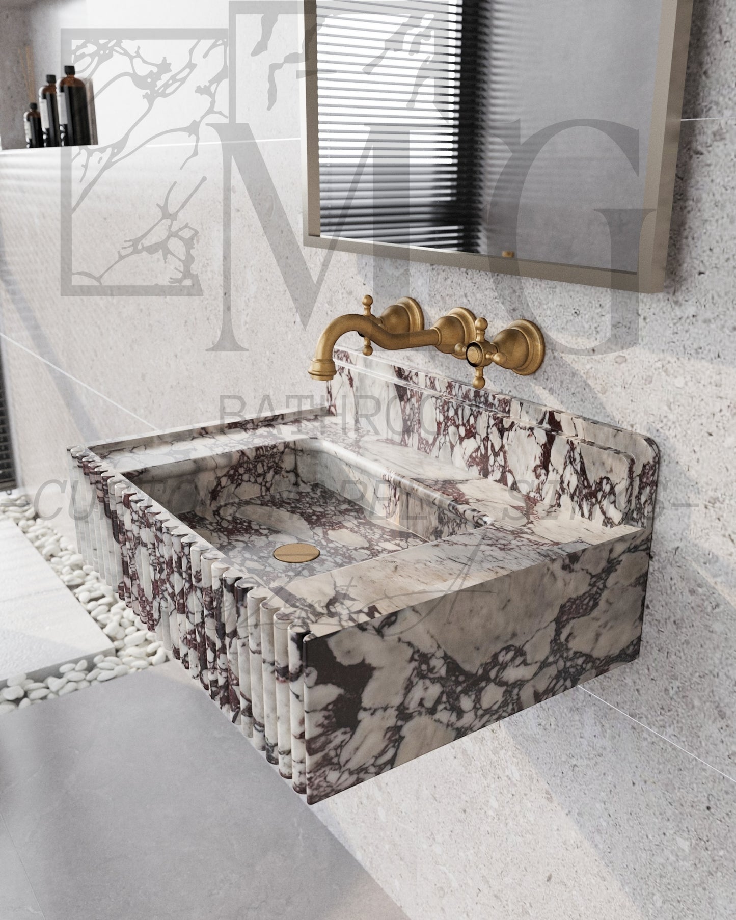 Handcrafted Calacatta Viola Fluted Wall-Mounted Marble Sink – Luxury Bathroom Vanity Basin