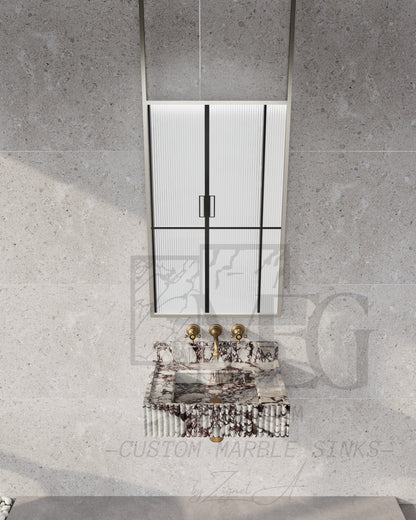 Handcrafted Calacatta Viola Fluted Wall-Mounted Marble Sink – Luxury Bathroom Vanity Basin