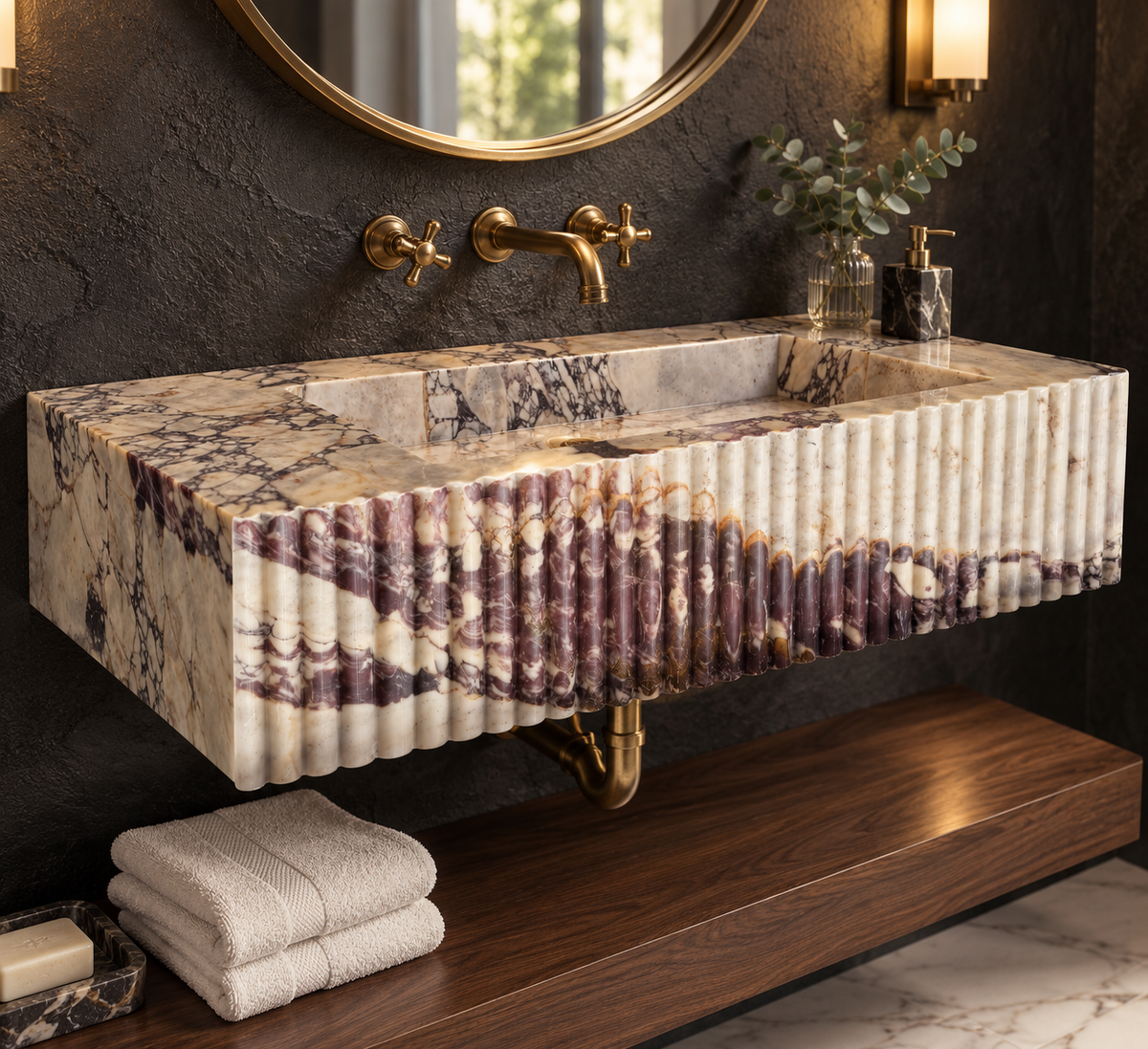 Fluted Calacatta Viola marble floating sink, side view
