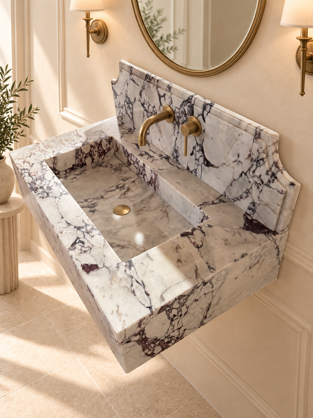 Calacatta Viola wall mount marble washbasin with backsplash, purple veining detail