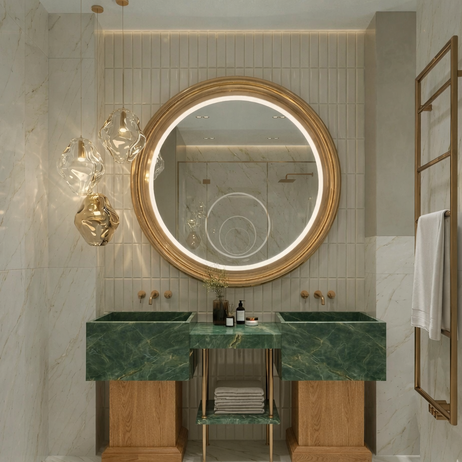 Green Marble Double Sink Vanity, Custom Oak Millwork